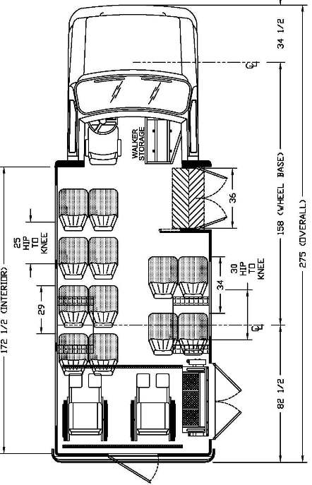 ameritrans 225 shuttle bus, floorplan, 13 passengers with 2 wheelchairs