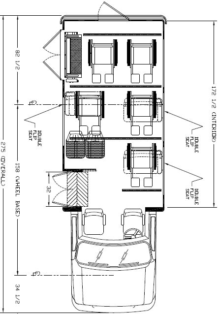 ameritrans 225 shuttle bus, floorplan, 5 wheelchair positions