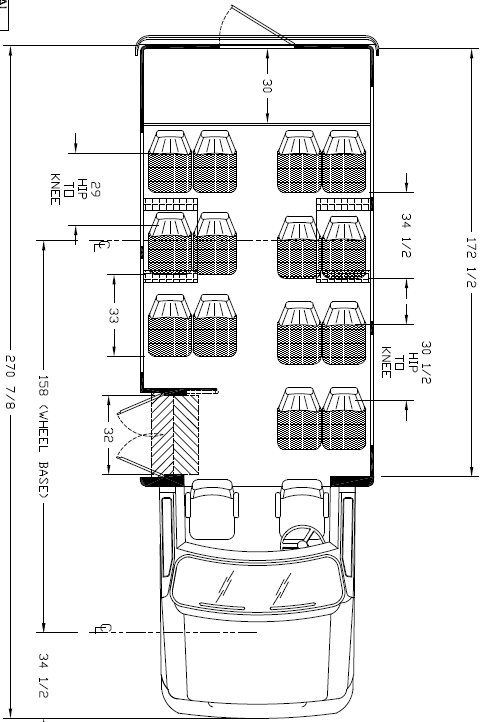 ameritrans 225 shuttle bus, floorplan, 15-16 passenger with rear luggage