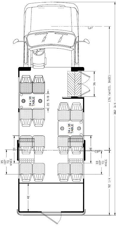 ameritrans 245 floorplan, 15 passengers with tables and rear luggage