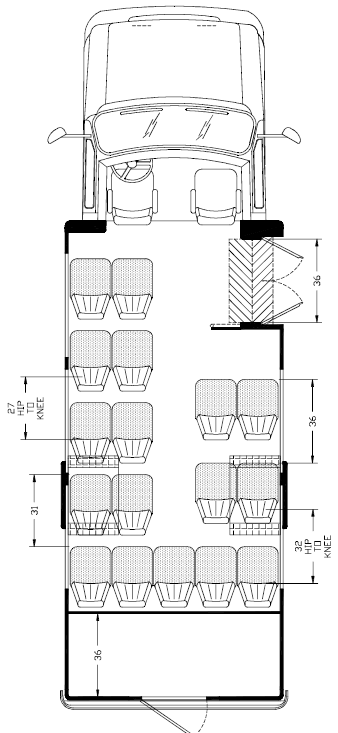 ameritrans 245 floorplan, 19 passenger with rear luggage