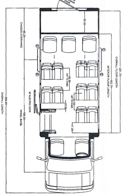 black 15 passenger executive buses, floorplan